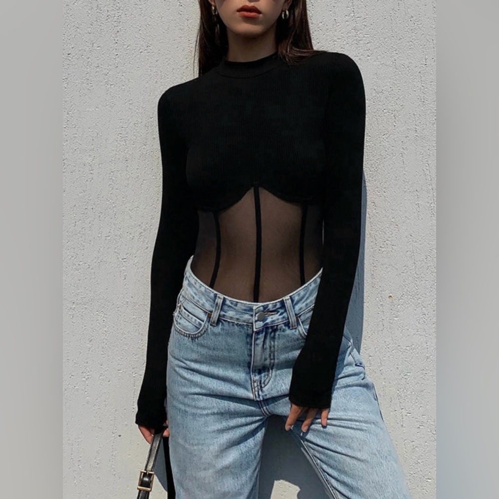 NEW Commence Large Black Mesh Corset Long Sleeve Shirt